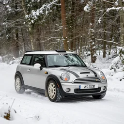 a 2 0 1 1 mini john cooper works clubman, racing through a rally stage in a snowy forest