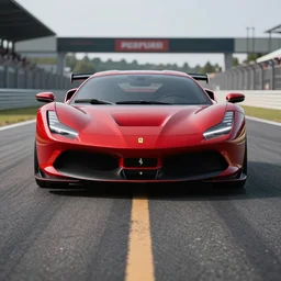 photo of a ferrari concept car on racetrack, cinematic, fine details, symmetrical, 4 k