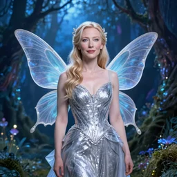 Cate Blanchett's Galadriel as a queen of fairies, dressed in a beautiful silver dress, the background is a magical forrest, start, night, blue tones, magical, contrasts, lumnious, fantasy concept art by ruan jia, thomas kinkade, and J.Dickenson, trending on Artstation