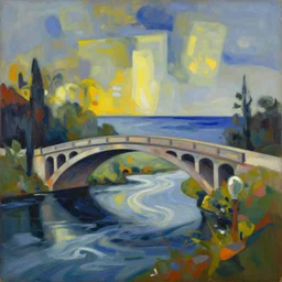 the arched bridge crossed the river which flowed gracefully into the sea, high quality abstract art in the style of georgia o keefe and cubism, - n 4