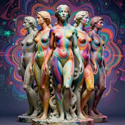 full body statue of Emma Watson by Jean-Baptiste Carpeaux and Luo Li Rong and Michael James Talbot and roger dean, all body, perfect symmetrical face, colorful, psychedelic psychedelic psychedelic colors, fresh rainbow bodypainting, synthwave, in full growth, elegant, realistic, 8K, female full-skin figure, hyperrealism, subsurface scattering, raytracing, rim light, Octane Render, Redshift, Zbrush, complex psychedelic glitch background