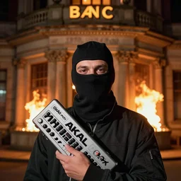 portrait photo still of a man wearing a balaclava holding an akai mpc, in front of an old bank on fire at night, 8 k, 8 5 mm f 1. 8
