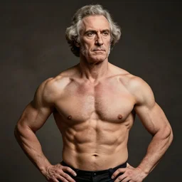 a photo, taken in 2 0 2 0, of a muscular, shirtless, john adams, posing for a professional photo shoot, 8 5 mm lens, f 1. 8.