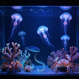 panoramic view of a school of beautiful bioluminescent jellyfishes in a dark water aquarium tank with glowing alien coral, uv volumetric lighting, alien electric eels swimming and crabs made out of crystals crawling on coral, intricate artwork by tooth wu and wlop and beeple, octane high render, trending on artstation, greg rutkowski, hyper realistic, ultra detail, 8 k