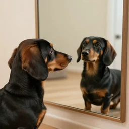 a daschund looking in a mirror and seeing a cat reflected back, hyper realistic, 4k,