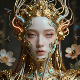 very beautiful woman integrating with technology, full face frontal centered, portrait, insipiring, detailed intricate ornate neon cables connected to head, very detailed eyes, luxurious detailed abundent wiring and implants mask, golen porcelain, renaissance, sci - fi, detailed technology background with cyber flowers and insects, dramatic lighting, photography, highly detailed, artstation, 8 k,