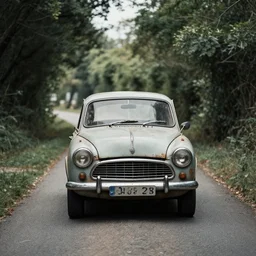 an ugly old car driving in a narrow road, award winning photo, 4 k, polarizing filter, photolab