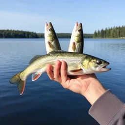 fisher holding up a strange animal with two heads. lake in the background. sweden