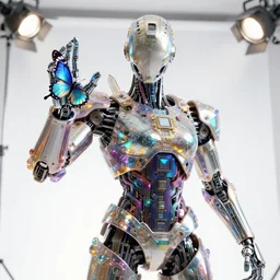 futuristic humanoid, butterfly on his mechanical hand, intricate complex circuitry and iridescent microchips, colorful, crystal, imposing gesture, highly detailed body, powerful and magical, ornate, photorealistic camera shot, bright studio setting, studio lighting, crisp quality and light reflections, unreal engine 5 quality render