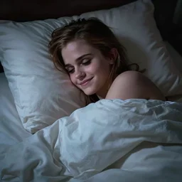 emma watson waiting for you in bed at night while smiling shyly, messy hair bedhead, very sleepy and shy, bare shoulders, comforting, covered in big fluffy white blanket, dim cool lighting