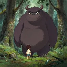 a small boy discovers a giant hairy monster in a misty forest, painting by studio ghibli, cgsociety