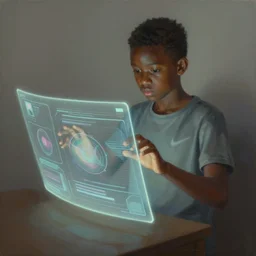 digital painting of black teenager manipulating three dimensional holographic screens - in the style of surrealism - art, by wlop, james jean, victo ngai! muted colors, very detailed, art fantasy by craig mullins, thomas kinkade cfg _ scale 8