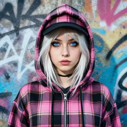 highly detailed portrait of an american sewer punk lady student, blue eyes, tartan hoody, hat, white hair by atey ghailan, by greg tocchini, by kaethe butcher, by james gilleard, gradient pink, black, brown, cream and light blue color scheme, grunge aesthetic!!! ( ( graffiti tag wall ) )
