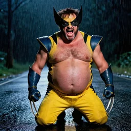 Portrait of Fat Danny Devito with his belly sticking out as The Wolverine (2013), Hes screaming at the rain in the middle of the night road on his knees, He has Wolverine Claws, realistic, detailed, 4k by Greg Rutkowski Mark Arian trending on artstation