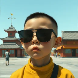 bald chinese boy wearing sunglasses, by simon stalenhag and rj palmer, anato finnstark