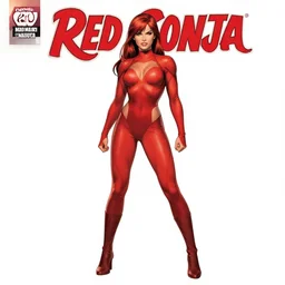 comic cover art by david mack and michael kaluta, red sonja full body, tight fit, vivid vector colors, russian female, perfectly symmetrical facial features, hyperdetailed, bleed, spatter, india ink, bill sienkiewicz