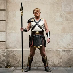 Donald Trump dressed as Xena warrior princess, in the style of Banksy
