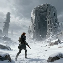 concept art of snowy dystopian landscape, with a woman with a rifle approaching a brutalist lair, trending on artstation, highly detailed, 8 k