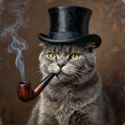 portrait of a gray! cat! wearing a top hat and smoking a wooden pipe, matte oil painting, portraiture, realistic, 1 8 0 0 s portrait paintings, museum of art, warm colours, dark background,