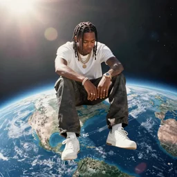 Travis Scott sitting over Earth, 4k, Aubrey Powell, vintage photo, lens flare, beautiful cinematography, surreal, film grain