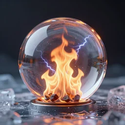 glass sphere fire flames inside on ice, 4k, HD, octane render, artstation, volumetric lightning, ultra detailed, realistic reflections