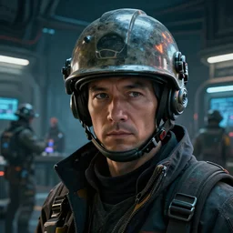 highly detailed closeup portrait of an experienced cyberpunk spacecraft engineer with a modern construction helmet at the spaceship docks, engineers working at the background, cyberpunk, moody, luminescent, rule of thirds, golden ratio, ambient lighting, syd mead, greg rutkowski, wlop, artgerm, artstation, highly detailed masterpiece