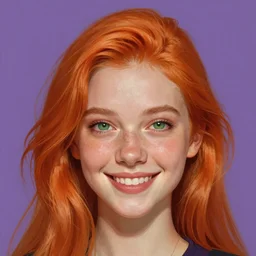 portrait of a beautiful smiling girl with orange hair and freckles, green eyes, highly detailed, digital painting, concept art, smooth, sharp, focus, background is purple, rutkowski Jeremy Lipkin and Giuseppe Dangelico Pino and Michael Garmash and Rob Rey