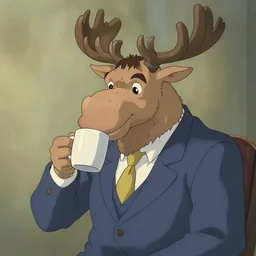 anime animation cel of a moose in a suit and tie sipping coffee from a mug by miyazaki