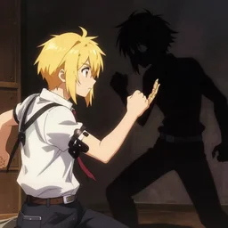 a fight between a blonde anime boy and his dark shadow self
