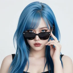 realistic high key portrait photo of a beautiful chubby pale goth girl with asymmetrical blue hair and badass euro design sunglasses hiding a secret. by shin jeongho, nick silva and ilya kuvshinov, deviantart, detailed character design, 8 k resolution
