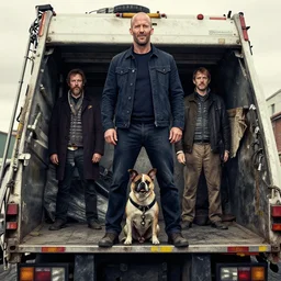 portrait of Jason statham pet detective standing atop a garbage truck giorgio de chirico graham sutherland greg rutkowski odd nerdrum simon stalenhag