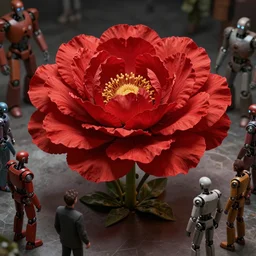 a concept art of red flower, robots, people, movie keyframe, cinematic lighting, highly detailed, realistic details, rendered in octane, 4 k post - processing highly