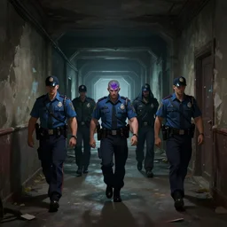 five police men follow a mage, dilapidated building hallway, dramatic dark lighting, long shot, leage of legends anime, official league of legends art