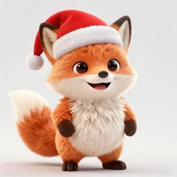 anthropomorphic fox, looking happy, wearing a santa hat, slightly chubby, detailed, 3d render, 4k, pixar