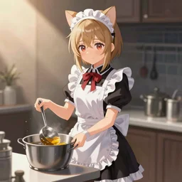 christian catgirl maid doing her chores, anime style, frilly outfit