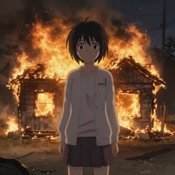 disaster yuuki standing in front of burning house looking at viewer by croxot