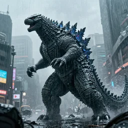Godzilla ravaging through cyberpunk Tokyo while it rains heavily,moody atmosphere,digital art,8k,award winning