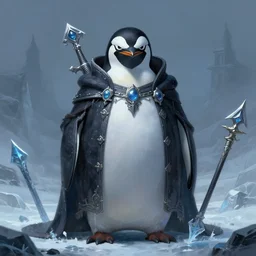 anthropomorphic evil penguin wearing gloomy clothes, icy landscape, weapons, dnd, mystical, large frontal portrait, character, fantasy, intricate, elegant, digital painting, artstation, concept art, smooth, 8 k frostbite 3 engine, ultra detailed, art by artgerm and greg rutkowski and magali villeneuve