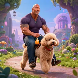 Dwayne Johnson riding a poodle in a magical world