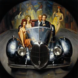 3 d fisheye, very low angle, wide angle, painting showing journalist alex wagner driving exaggerated 1 9 3 0 s car with woman driving, shiny, aerodynamic, dramatic lighting, sultry, sensual, vargas, wlop, manara, mucha, moebius, elvgren, joshua middleton, clay mann, artgerm
