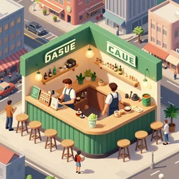 cannabis cafe in bustling city, aussie baristas, customer having a choof, isometric fun style drawing, neat and clean, by ren hang and steve hanks, australian style video game still