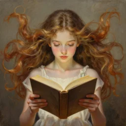 An incredible fantastical painting of a girl reading book, hair flowing down | symmetric!, anatomically correct | by Greg Rutkowski and Greg Staples with James Gurney | hyperrealism artwork beautiful detailed painting | trending on Artstation