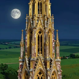 The great intricate marble and golden wizards tower, painted landscape, green fields in the background, moody lighting, moon in the night sky, sharp image, 4k, artstation, colorful digital art