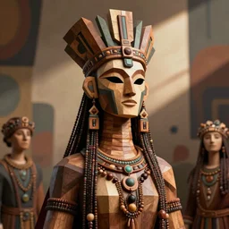 hyperborean priestess with long neck and geometric headdress and mask, low poly, boho style, rich wooden jewerly, concept art, abstract background, by boris vallejo, deak ferrand, and greg rutkowski and rhads