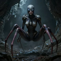 creepy matte painting of an armored woman with spider legs in a dark cave, ( ( spiderwoman ) ), human arms, ultra detailed, monster, human face, glowing eyes, creature design, concept art, 8 k, moody lighting, muted colors, blue tone light, dramatic lighting realistically proportioned body, organic armor