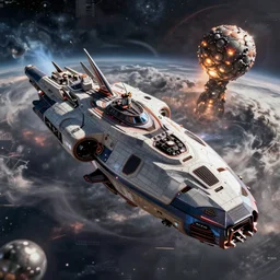 a highly detailed roid ship, stellar architecture, chaotic atmopshere, unreal engine, very detailed, atomic bomb can be seen in the background