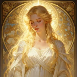 digital character concept art by artgerm and greg rutkowski and alphonse mucha. clear portrait of a young wife blessed by god to uncontrollably become overwhelmingly perfect!! blonde, clothed, obviously feminine holy body!! light effect. hyper detailed, glowing lights!! intricate, elegant, digital painting, artstation, smooth, sharp focus