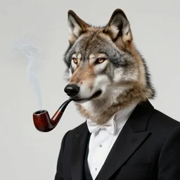 portrait of a singular aristocratic wolf!!!!!!!! wearing a tuxedo and smoking an old pipe, in style of ida rentoul outhwaite, closeup, isolated on plain background