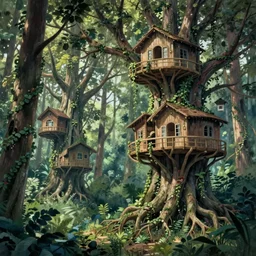 concept art painting of a forest with treehouses made of trees and roots, houses and windows inside trees, vines, deep forest, realistic, detailed, cel shaded, in the style of makoto shinkai and greg rutkowski and james gurney