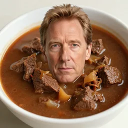 a bowl of beef stew with patrick stewart's head in it
